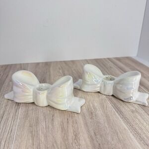 Vintage Iridescent Bow Candle Holders Pair Ceramic Pearl Luster Decor